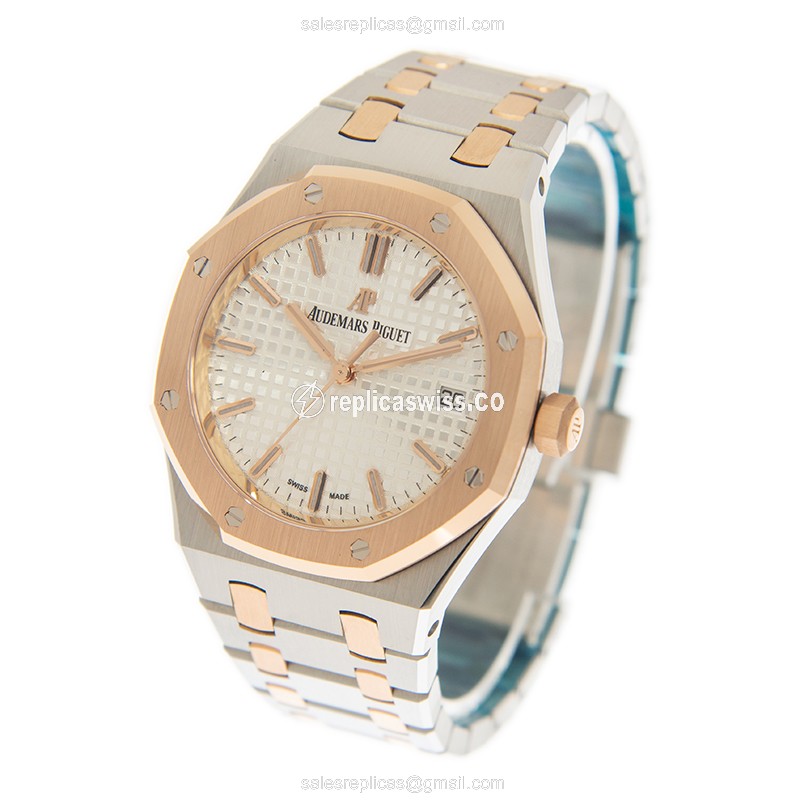 ROLEX ROYAL OAK Replica - Automatic - 18kt Rose Gold - Steel Case - Silver Dial - Gold Strap - View 3