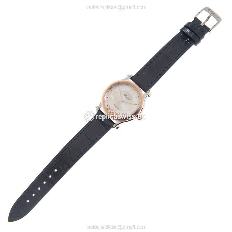 Chopard Happy Sport 278608-6001 Replica - Automatic - Rose Gold & Steel - Silver Dial - Leather Blue Strap - View 2