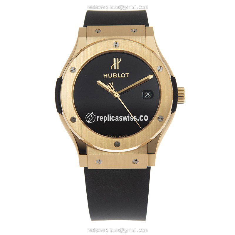 Hublot Classic Fusion Replica - Automatic - 18kt Gold - Black Dial - Rubber Strap - View 2