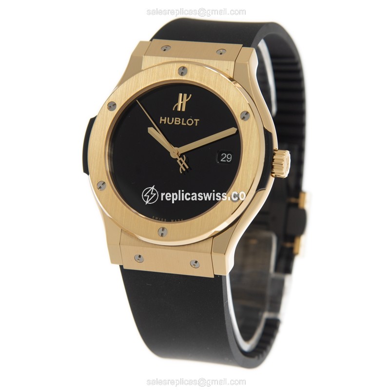 Hublot Classic Fusion Replica - Automatic - 18kt Gold - Black Dial - Rubber Strap - View 3