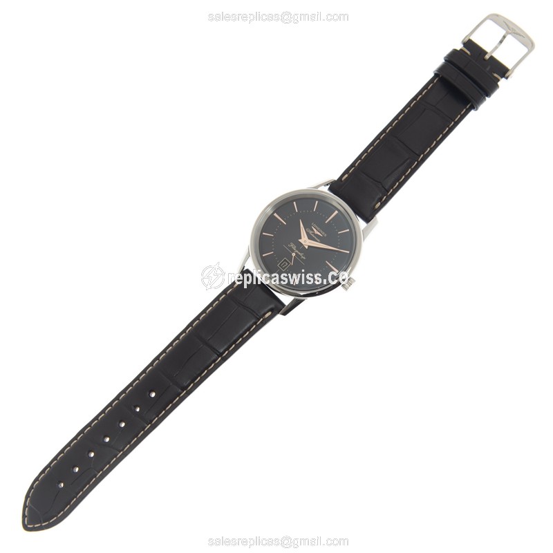 Longines Heritage Replica - Automatic - Steel Case - Black Dial, Leather Strap - View 2