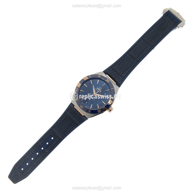 Omega Constellation Replica - Automatic - 18kt Rose Gold & Steel - Blue Dial - Alligator Blue Strap - View 2