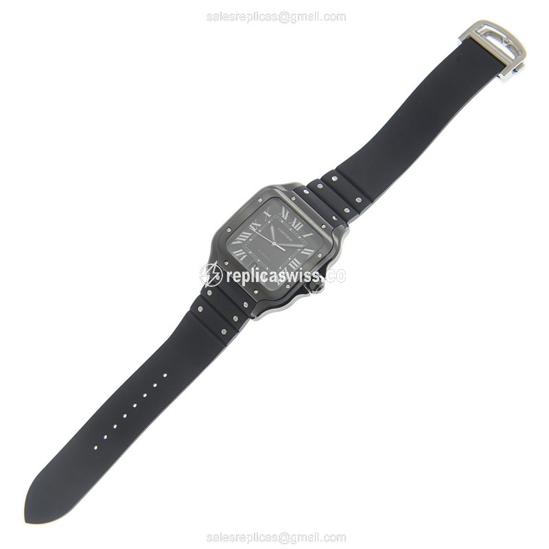 Cartier Santos Replica - Automatic - Steel Case - Black Dial - Rubber Strap - Black Buckle - View 2