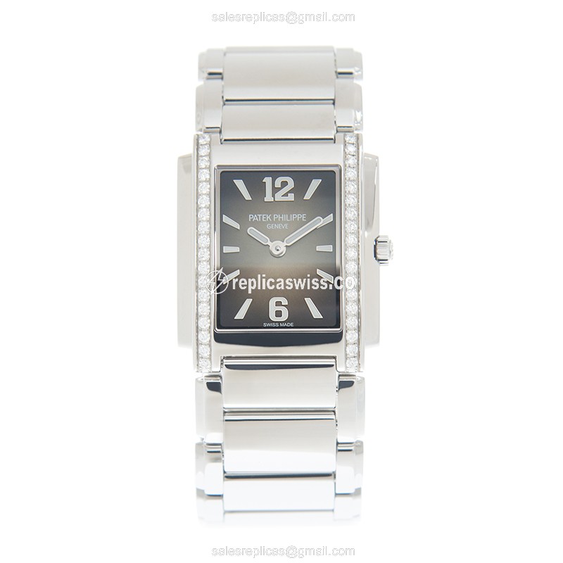 Patek Philippe TWENTY-4 Quartz - Diamond-Case Black Dial - Silver Steel Strap - Clasp - View 2