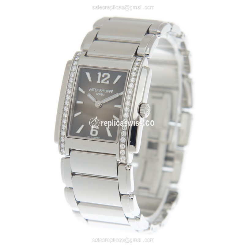 Patek Philippe TWENTY-4 Quartz - Diamond-Case Black Dial - Silver Steel Strap - Clasp - View 3