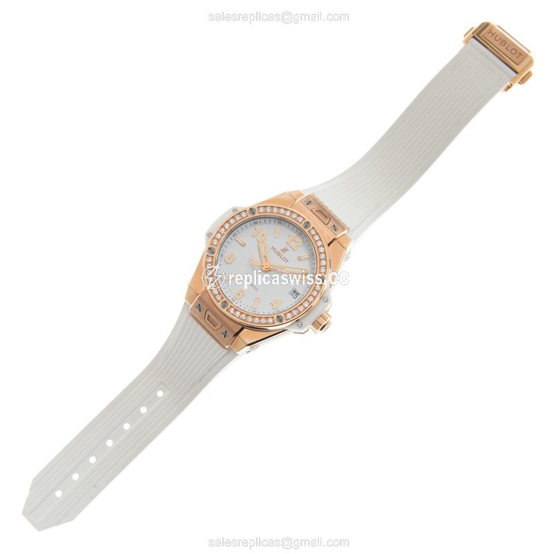 Hublot Big Bang Replica - 18kt Rose Gold - Diamonds - Automatic - White Dial - Rubber Strap - View 2