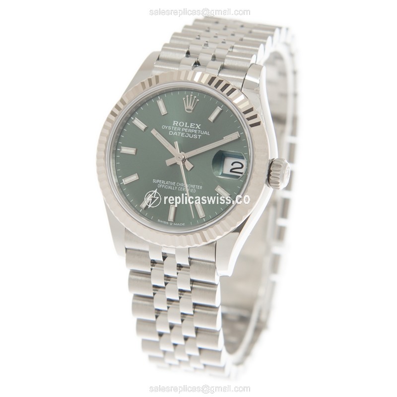 Rolex Datejust Replica - Automatic - 18kt White Gold & Steel - Green Dial - Silver Steel Strap - View 3