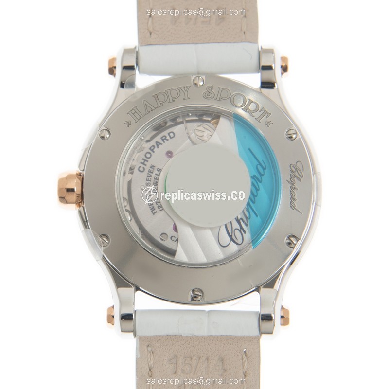 Chopard Happy Sport Replica - Automatic - 18kt Rose Gold & Steel - Silver Dial - White Alligator Strap - View 3