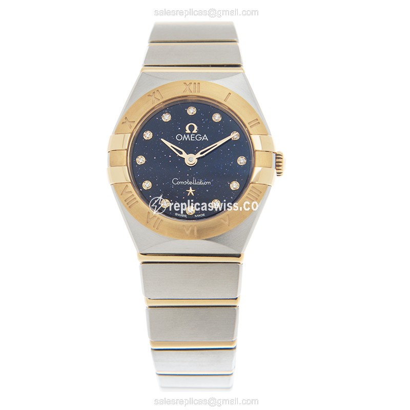 Omega Constellation Quartz Replica - 18kt Gold & Steel Case - Blue Dial - Gold Band - View 2