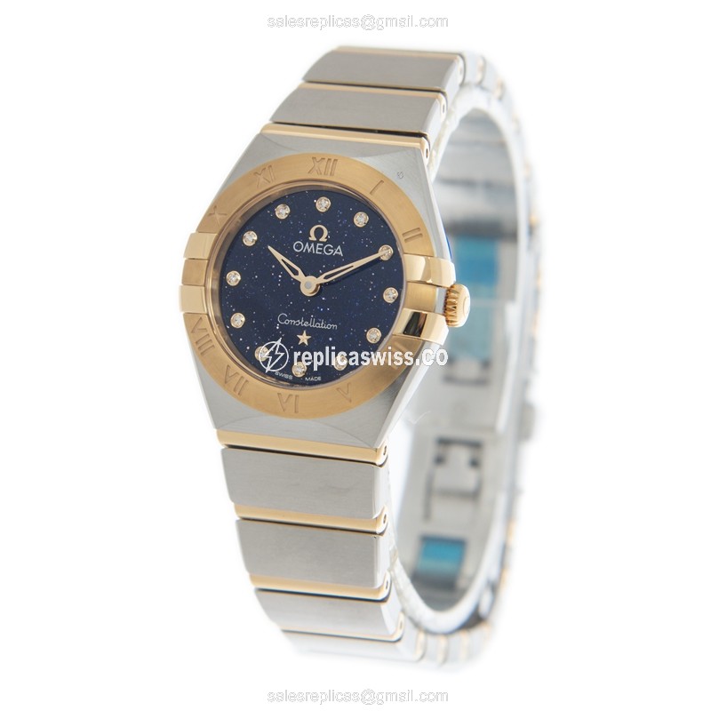 Omega Constellation Quartz Replica - 18kt Gold & Steel Case - Blue Dial - Gold Band - View 3
