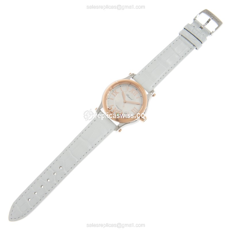 Chopard Happy Sport Replica - Automatic - 18kt Rose Gold & Steel - Silver Dial - White Leather Strap - View 2