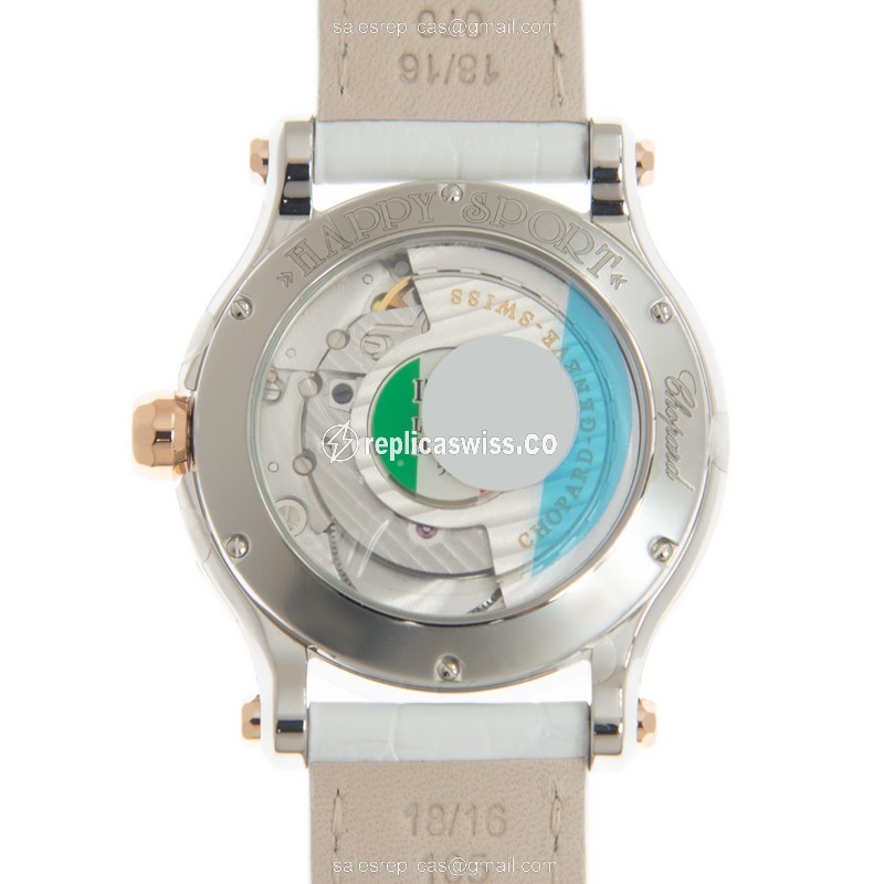 Chopard Happy Sport Replica - Automatic - 18kt Rose Gold & Steel - Silver Dial - White Leather Strap - View 3