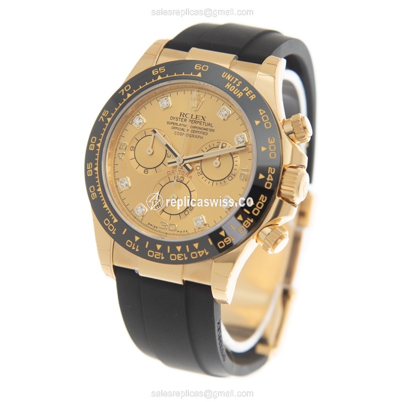 Rolex Daytona Replica | Automatic | 18kt Gold Case | Gold Dial | Black Rubber Strap - View 3