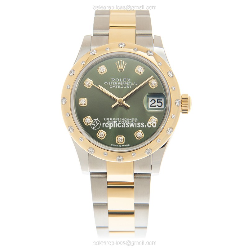 Rolex Datejust Replica - Automatic - 18kt Gold/Steel - Green Dial, Gold Clasp - View 2