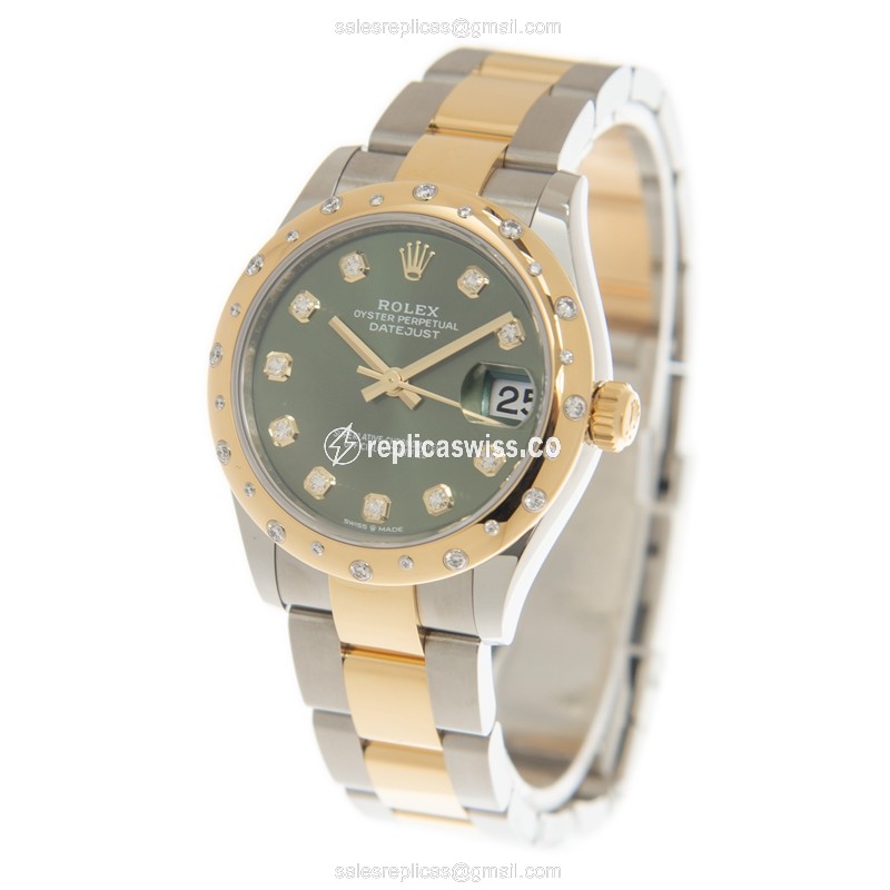 Rolex Datejust Replica - Automatic - 18kt Gold/Steel - Green Dial, Gold Clasp - View 3