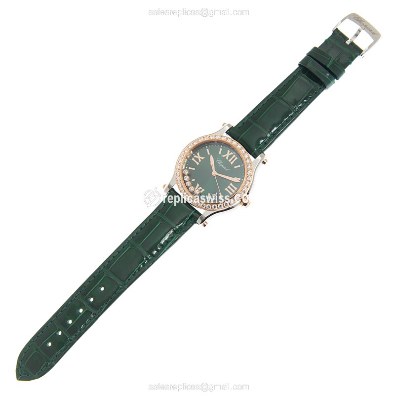Chopard Happy Sport Quartz 18kt Rose Gold - Green Dial - Diamond Accents - Leather Strap - Buckle Clasp - View 2