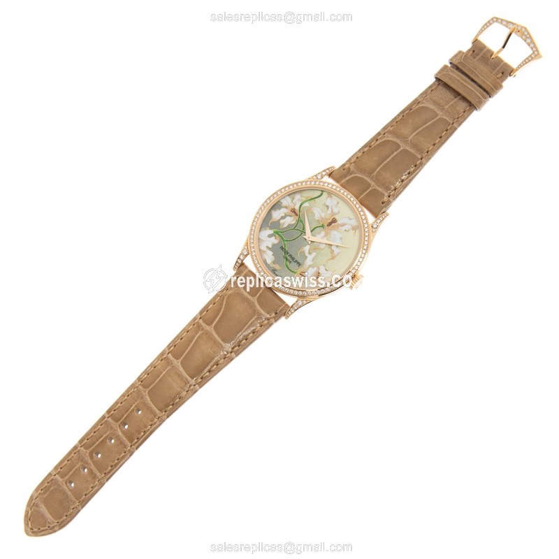 Patek Philippe 5077/100R-036 Replica - Automatic - 18kt Rose Gold - Diamond - Brown Dial - Alligator Strap - View 2