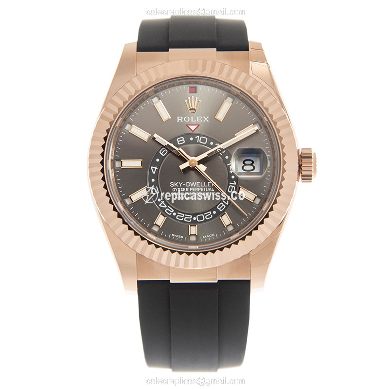 Rolex Sky-Dweller 326235-0006 Replica - Automatic - 18kt Rose Gold - Gray Dial - Rubber Strap - View 2