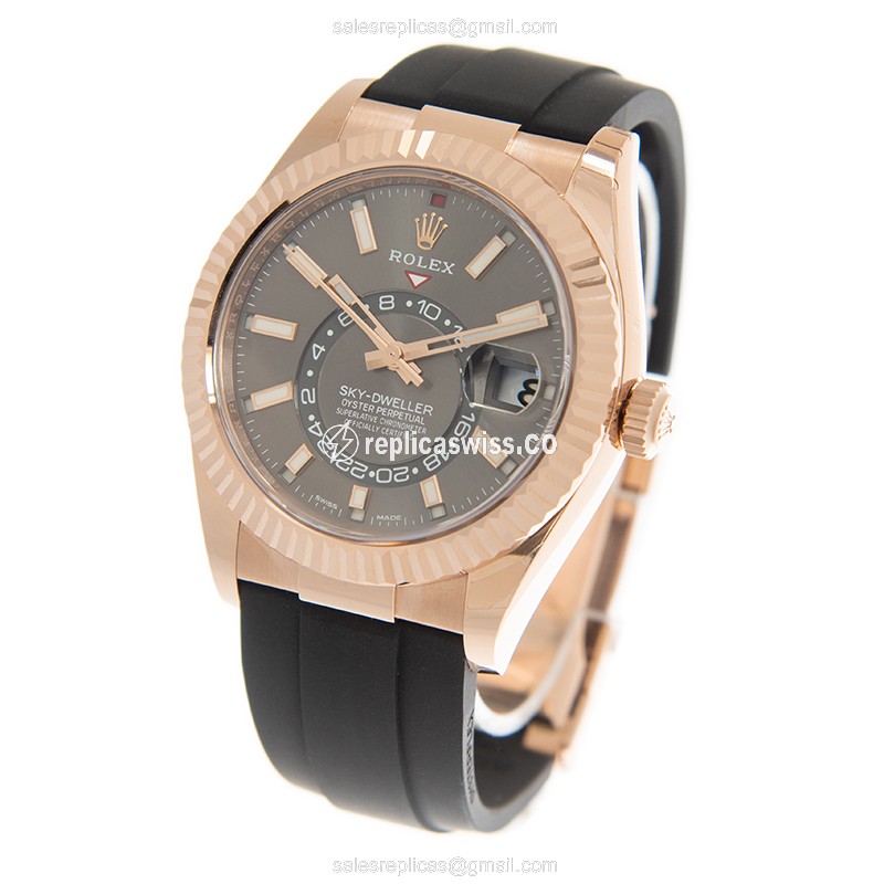 Rolex Sky-Dweller 326235-0006 Replica - Automatic - 18kt Rose Gold - Gray Dial - Rubber Strap - View 3