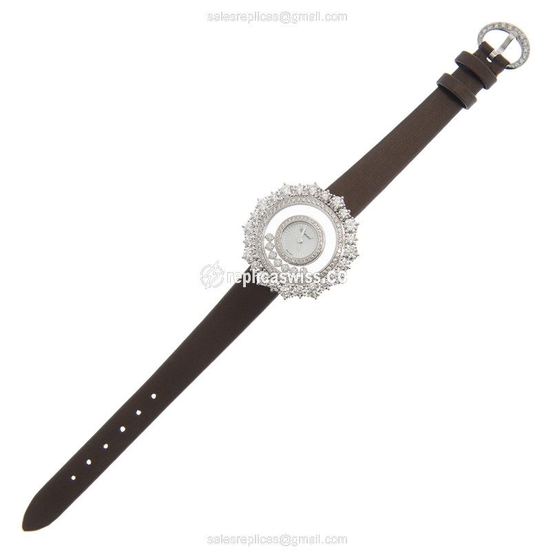 Chopard 209436-1002 Happy Diamond - Quartz - 18kt White Gold - Diamond Dial - Brown Silk Strap - View 2