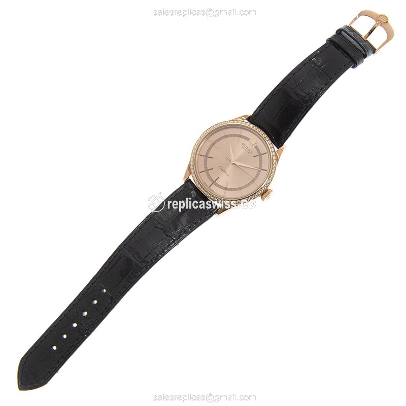 Rolex Cellini 50705RBR Replica - Automatic - Rose Gold Case - Pink Dial - Alligator Black Strap - View 2