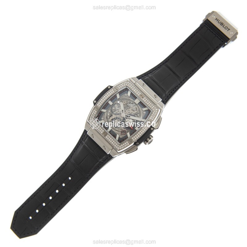 Hublot BIG BANG Replica - Automatic - Titanium - Diamond Bezel - Silver Dial - Black Alligator Strap - View 2