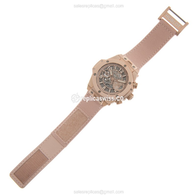Hublot Big Bang Replica - 18kt Rose Gold - Automatic - Transparent Dial - Pink Canvas Strap - View 2