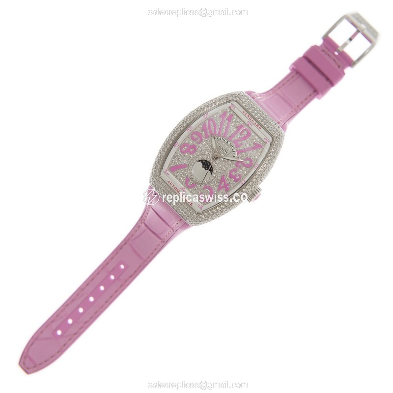Franck Muller V35 SC AT FO L D CD Vanguard - Auto - Diamond Case - Silver Dial - Pink Leather Strap - View 2