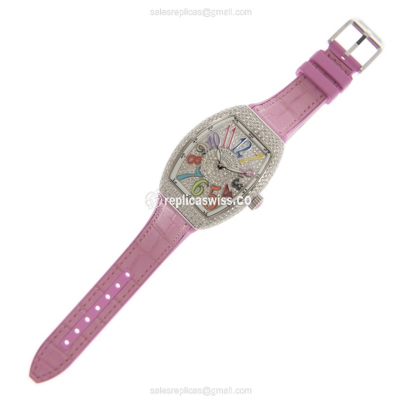 Franck Muller V32QZCD COL DRM Vanguard Quartz - Silver Dial, Diamond Case, Pink Leather Strap - View 2