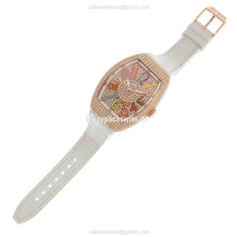 Franck Muller V 35 QZ D CD COL DRM - Quartz | 18kt Rose Gold | Diamond Dial | White Leather Strap - View 2