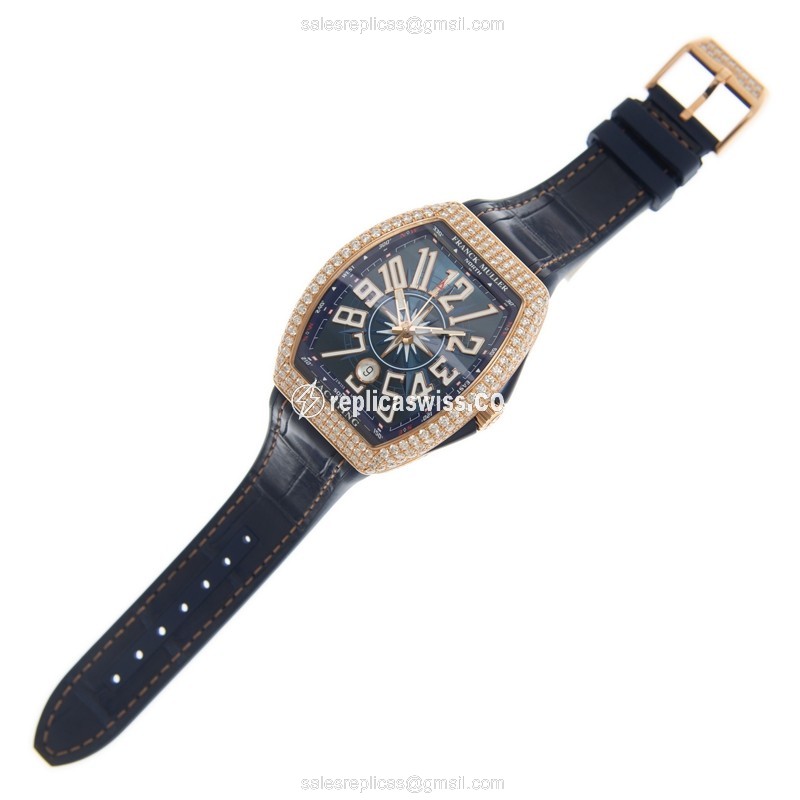 Franck Muller V 41 SC DT D YACHTING Replica - Automatic - 18kt Rose Gold Case - Blue Dial & Diamond bezel - View 2