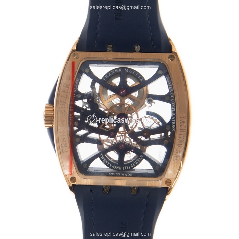 Franck Muller V 41 S6 SQT Yachtancing ANC Replica - Manual Wind - 18kt Rose Gold - Transparent Dial - Blue Leather Strap - View 3