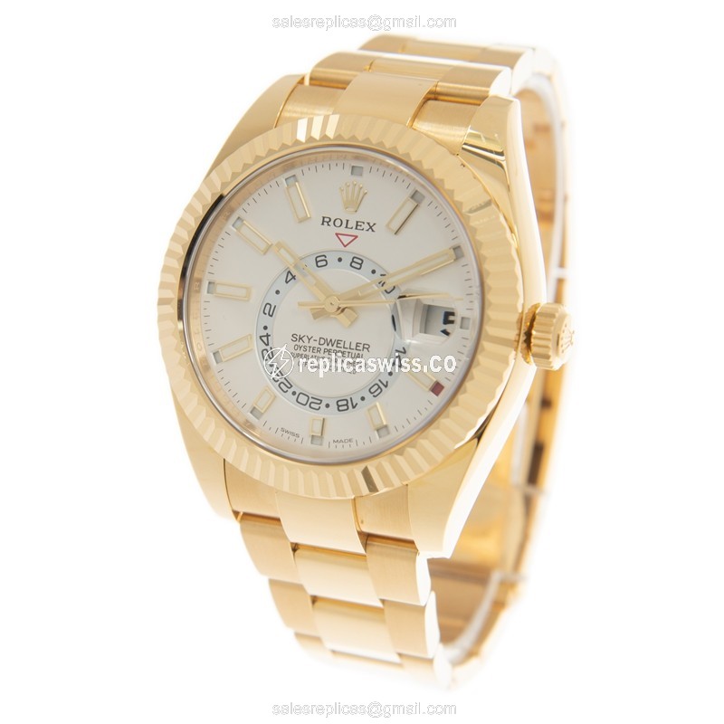 Rolex Sky-Dweller Replica - Automatic - 18kt Gold - White Dial - Gold Strap - View 3