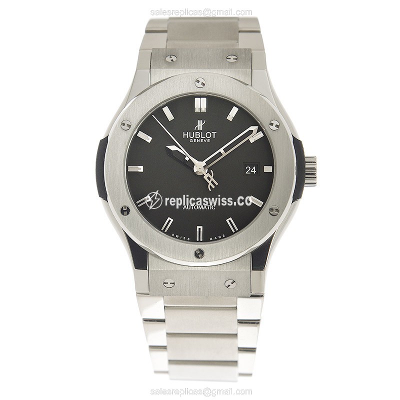 Hublot Classic Fusion Replica - Automatic - Titanium Case - Black Dial - Silver Strap - View 2
