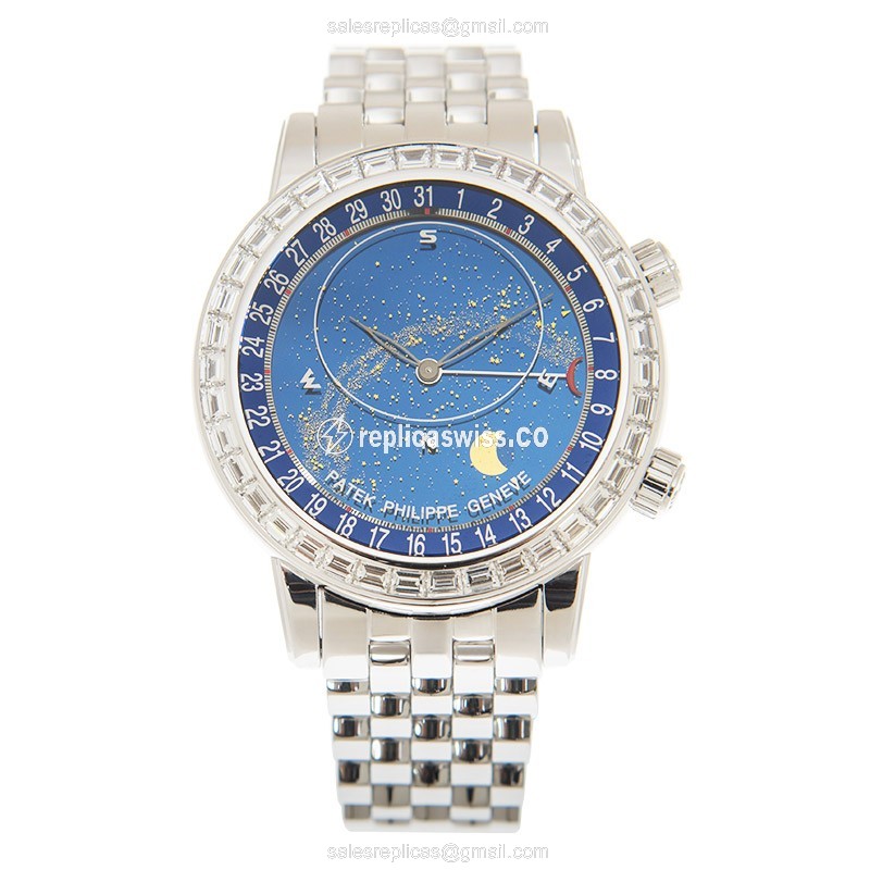 Patek Philippe Celestial Replica - Automatic - 18kt White Gold - Diamond Blue Dial - Silver Clasp & Gold Strap - View 2