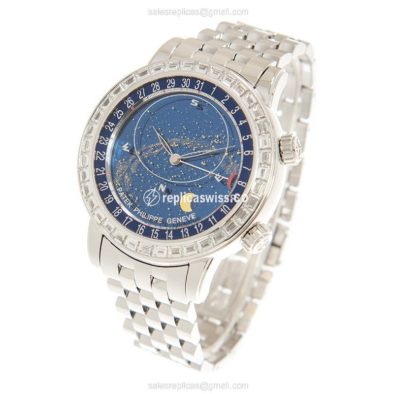 Patek Philippe Celestial Replica - Automatic - 18kt White Gold - Diamond Blue Dial - Silver Clasp & Gold Strap - View 3