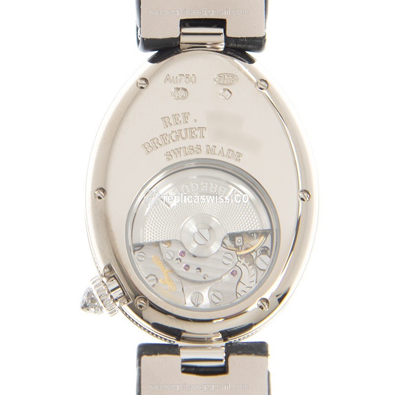 Breguet REINE DE NAPLES Replica - Auto - 18kt White Gold - Diamond - White Dial - Black Leather Strap - View 3