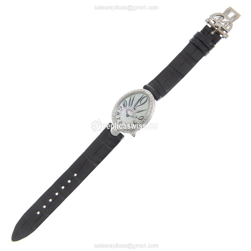 Breguet REINE DE NAPLES Replica - Auto - 18kt White Gold - Diamond - White Dial - Black Leather Strap - View 2