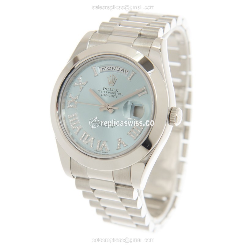 Rolex Day-Date Replica | Automatic | White Gold Case | Blue Dial | Silver Clasp - View 3