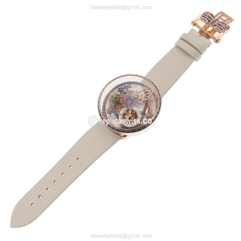 Jacob & Co. FLEURS DE JARDIN Replica - Manual - 18kt Rose Gold - Sapphire Dial - White Leather Strap - View 2