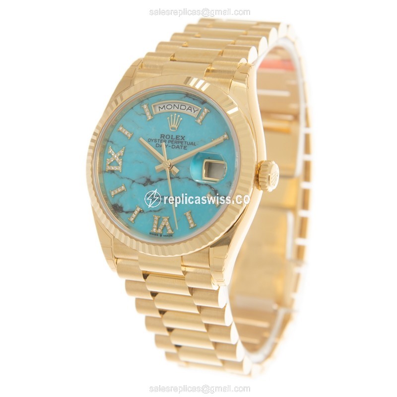 Rolex DAY-DATE Replica - Automatic - 18kt Gold - Green Dial, Gold Clasp - View 3