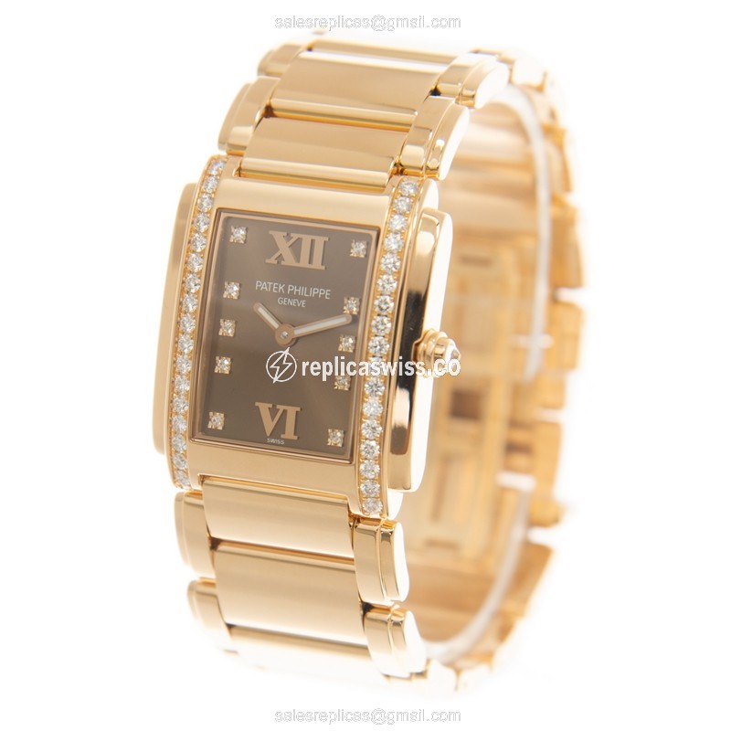 Patek Philippe TWENTY-4 Quartz 18kt Rose Gold - Brown Dial - Gold Strap - View 3