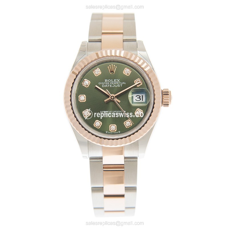 Rolex Lady Datejust Replica - Automatic - 18kt Rose Gold & Steel - Green Dial - Silver Strap - View 2