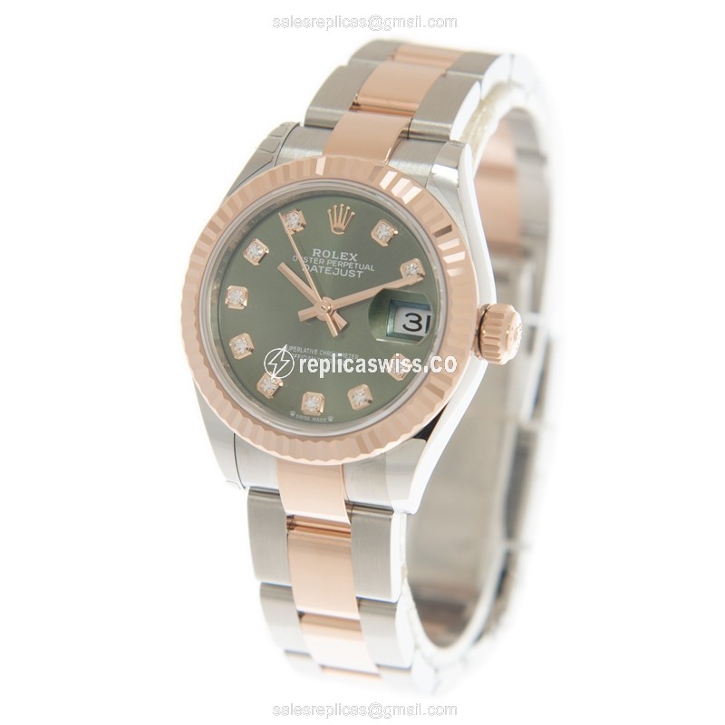 Rolex Lady Datejust Replica - Automatic - 18kt Rose Gold & Steel - Green Dial - Silver Strap - View 3