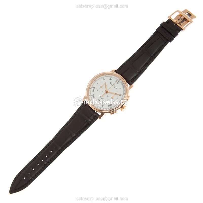 Blancpain Classic Replica - Automatic 18kt Rose Gold - White Dial, Brown Alligator Strap - View 2