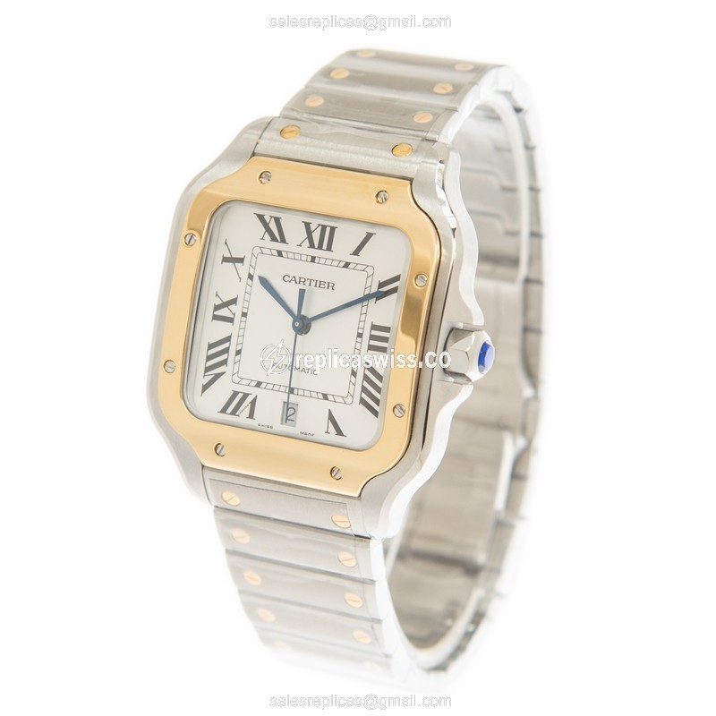 Cartier Santos Replica - Automatic - 18kt Gold & Steel - Silver Dial - Steel Strap - View 3