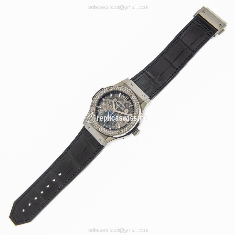 Hublot Classic Fusion Replica - Automatic - Titanium - Diamond Case - Transparent - Black Alligator Strap - View 2