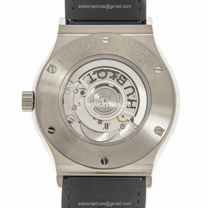 Hublot Classic Fusion Replica - Automatic - Titanium - Diamond Case - Transparent - Black Alligator Strap - View 3