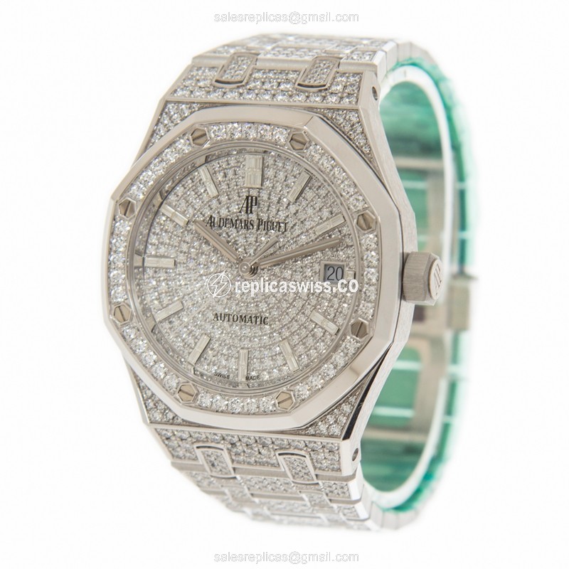 Audemars Piguet ROYAL OAK Replica - Automatic - 18kt White Gold - Diamond Dial - Silver Strap - View 3