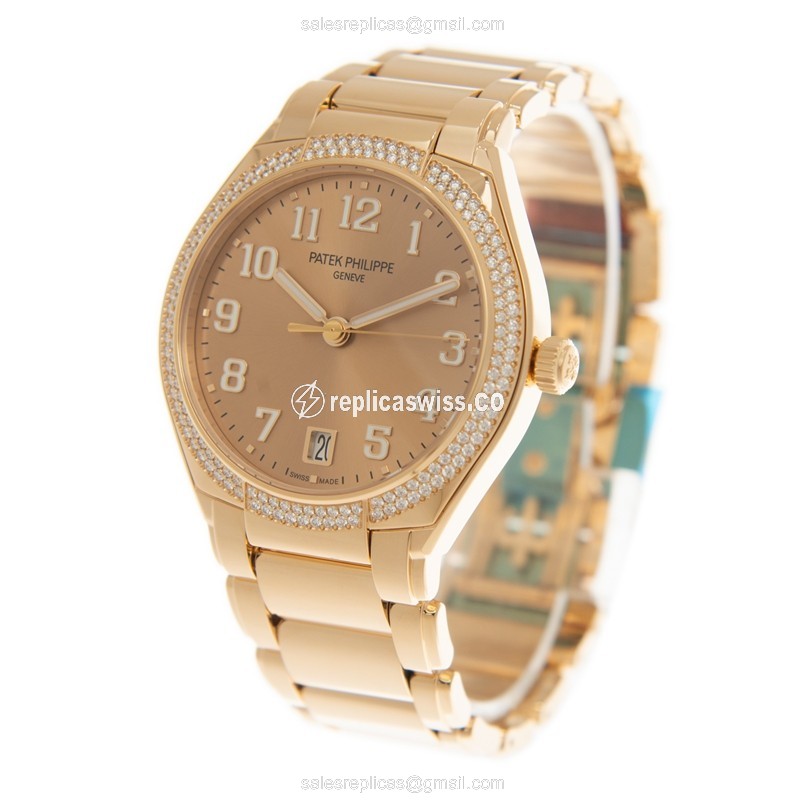 Patek Philippe TWENTY-4 Replica - 18kt Rose Gold - Automatic - Gold Dial - Diamond Clasp - View 3